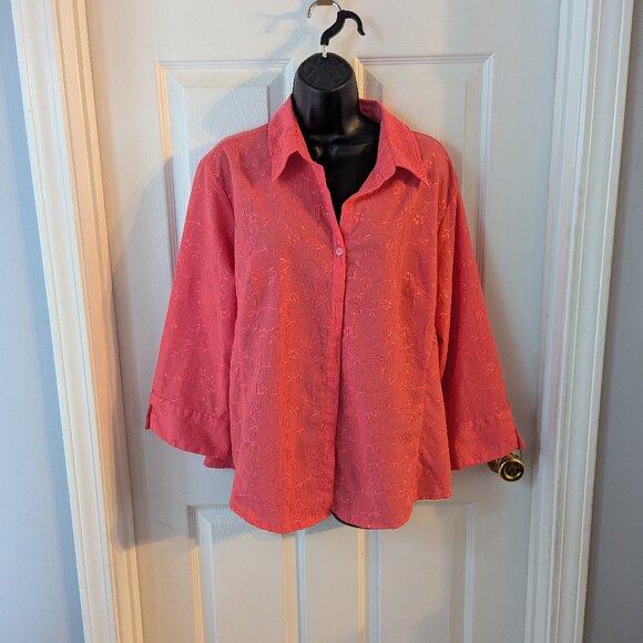 Lemon Grass Studio Tops - Lemon grass pink embroidery button down - large